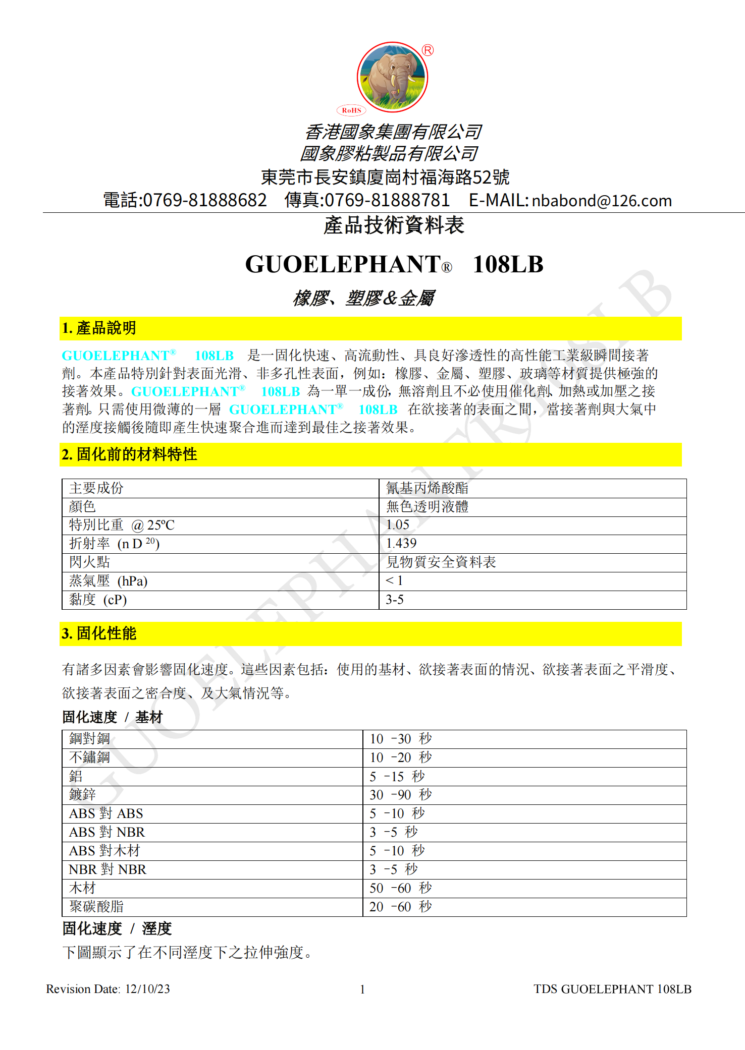 国象108LB瞬干胶TDS报告