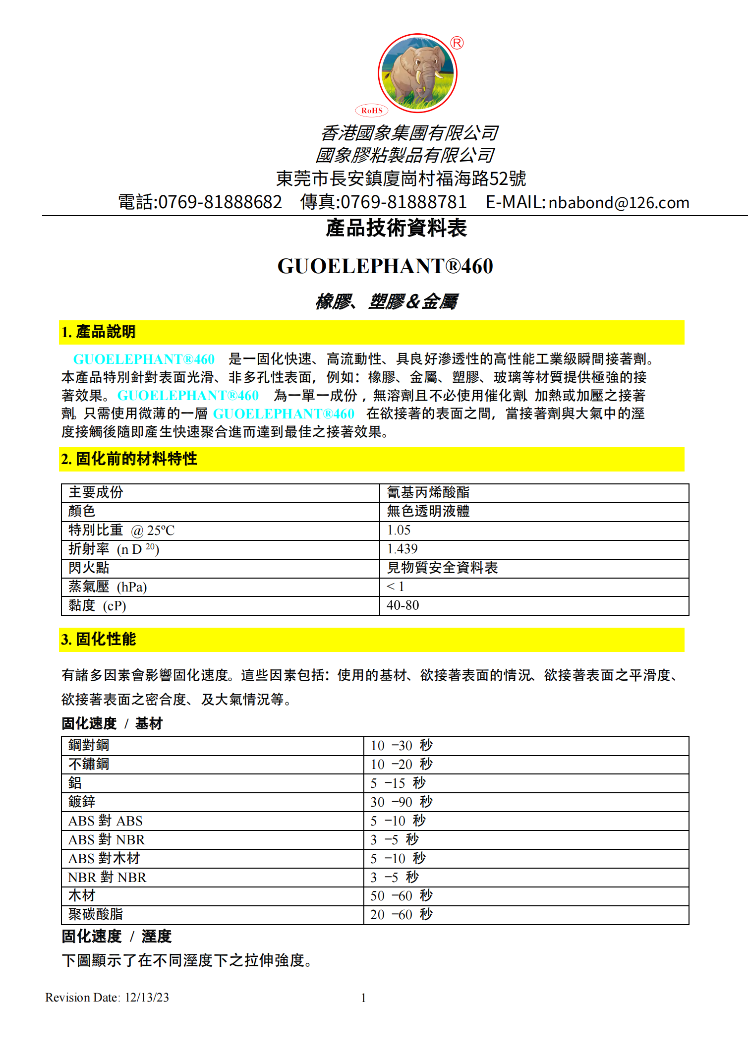 国象460瞬干胶TDS报告