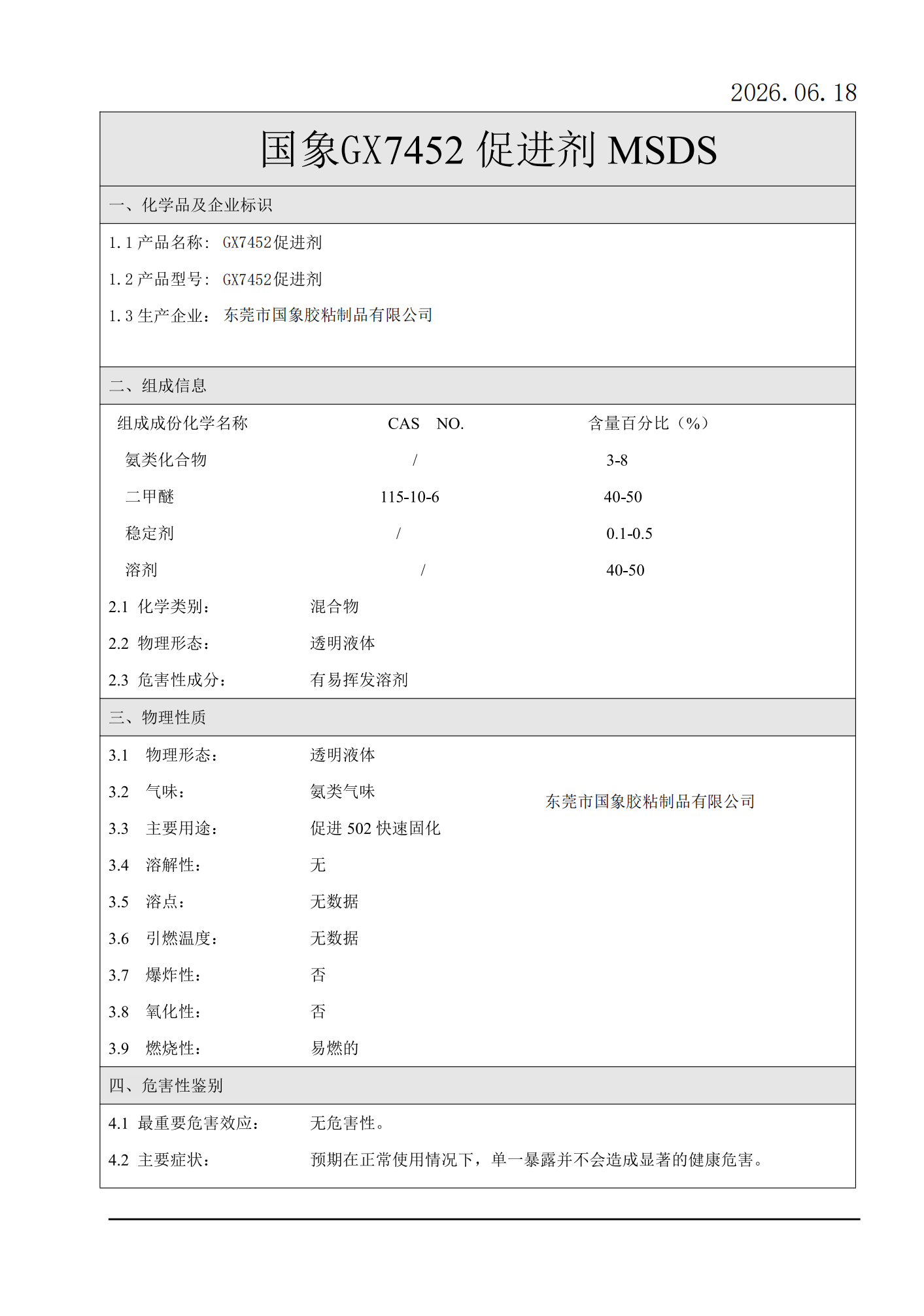 国象7452促进剂MSDS报告